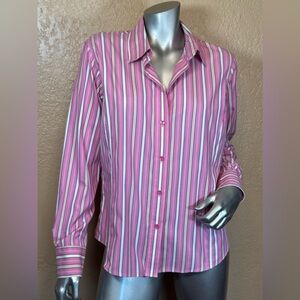 Liz Claiborne Pink Striped Non-iron Crisp 100% Cotton Button Down Shirt.